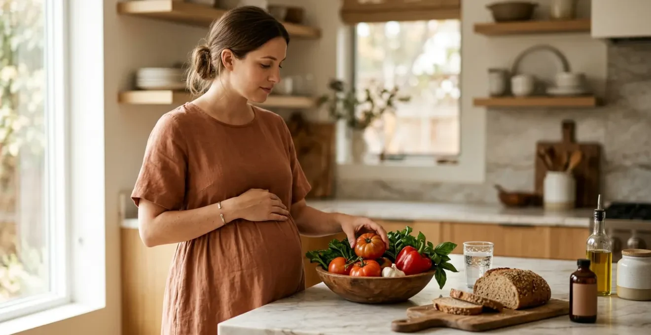 Pregnant woman thoughtfully preparing a nutritious balanced meal in natural kitchen setting