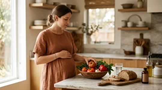 Pregnant woman thoughtfully preparing a nutritious balanced meal in natural kitchen setting