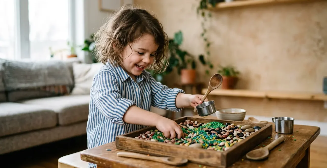 Child engaged in messy sensory play activity at home with colorful materials