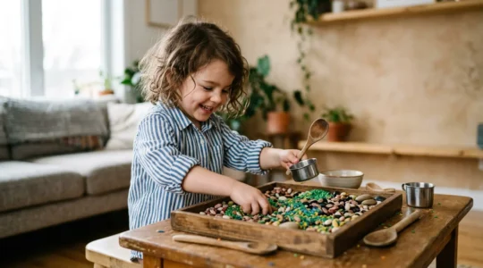 Child engaged in messy sensory play activity at home with colorful materials
