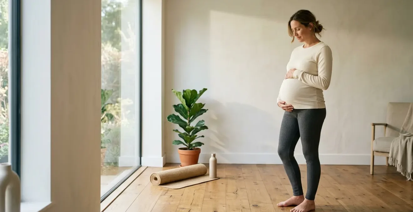 Serene expectant mother in comfortable clothing creating a peaceful daily wellness routine at home