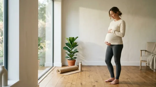 Serene expectant mother in comfortable clothing creating a peaceful daily wellness routine at home