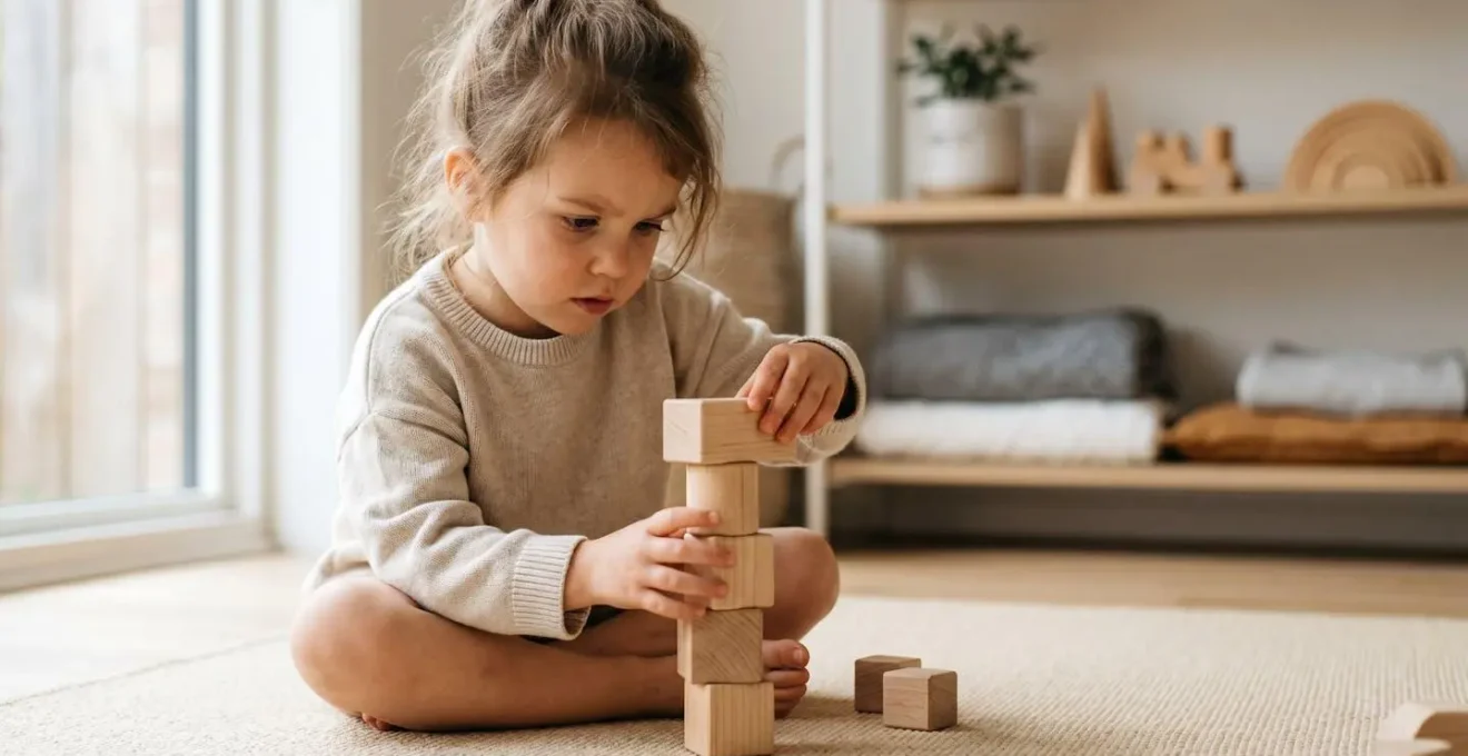 Child engaging in thoughtful block play with natural wooden toys, exploring spatial relationships and creative problem-solving