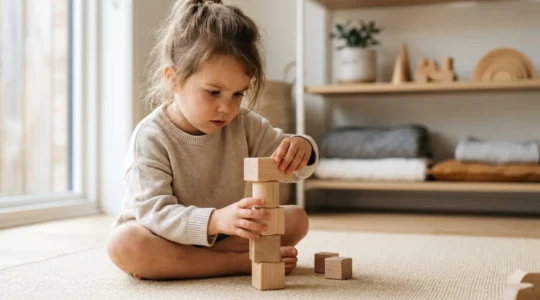 Child engaging in thoughtful block play with natural wooden toys, exploring spatial relationships and creative problem-solving