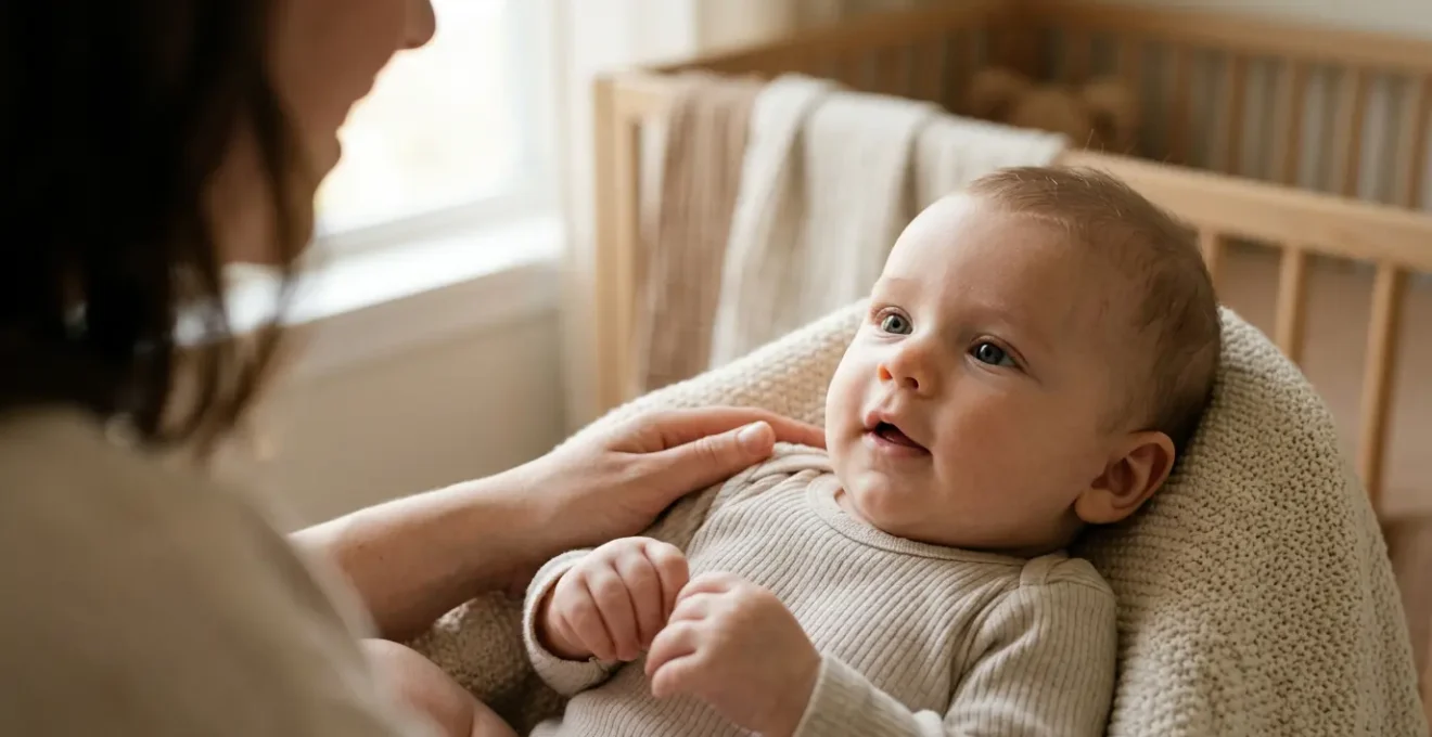 Close-up of a calm baby's face during gentle interaction with a caregiver, showing focused attention and emotional connection in soft natural light