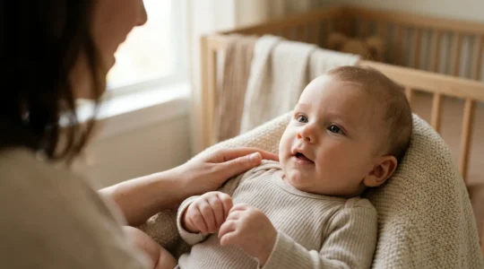 Close-up of a calm baby's face during gentle interaction with a caregiver, showing focused attention and emotional connection in soft natural light
