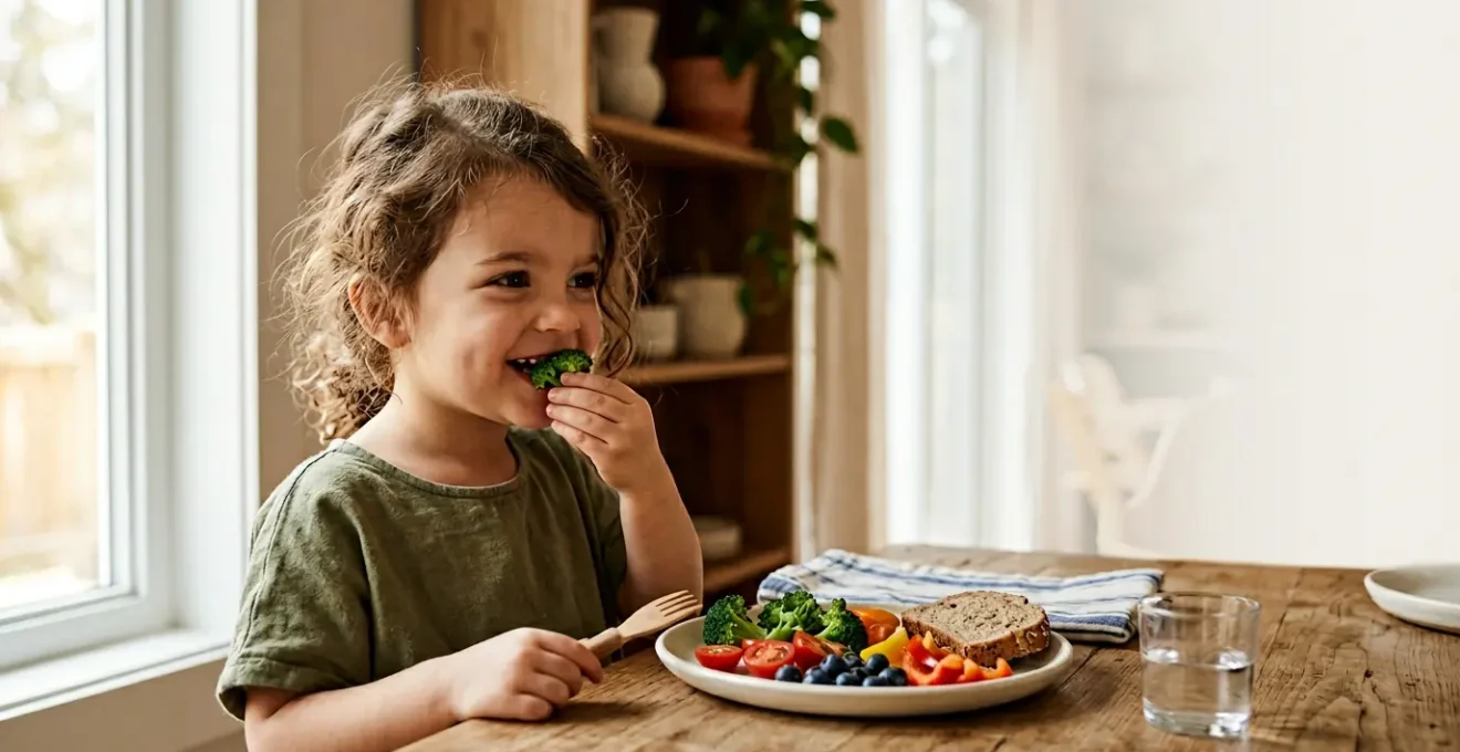 Young child eating colorful whole foods at family dinner table with natural lighting