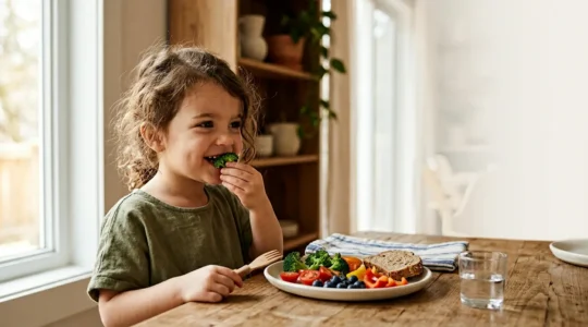 Young child eating colorful whole foods at family dinner table with natural lighting