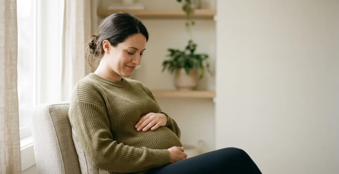 Serene pregnant woman in natural light preparing for maternity with NHS care