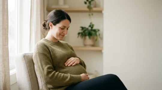 Serene pregnant woman in natural light preparing for maternity with NHS care