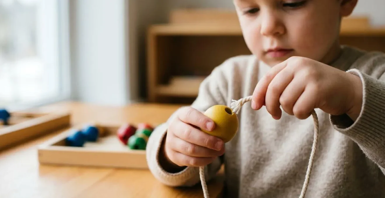 Close-up of a young child's hands engaged in fine motor skill development activity with natural lighting and shallow depth of field