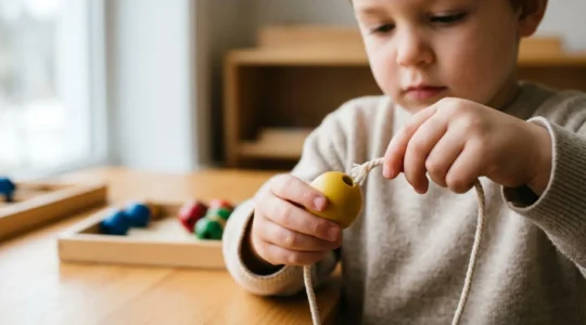 Close-up of a young child's hands engaged in fine motor skill development activity with natural lighting and shallow depth of field