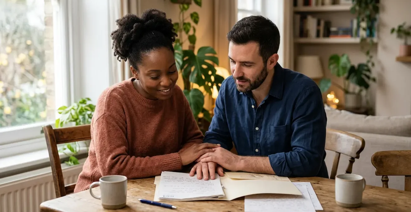 Expectant parents collaborating on their birth plan document in a calm home environment