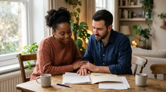 Expectant parents collaborating on their birth plan document in a calm home environment