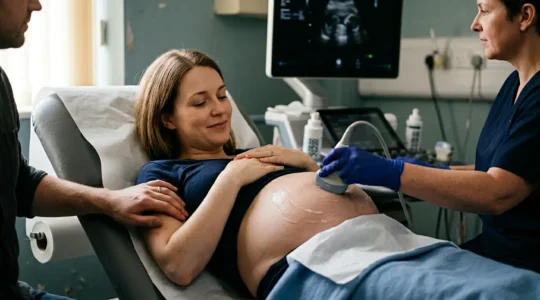 Pregnant woman attending NHS ultrasound scan appointment