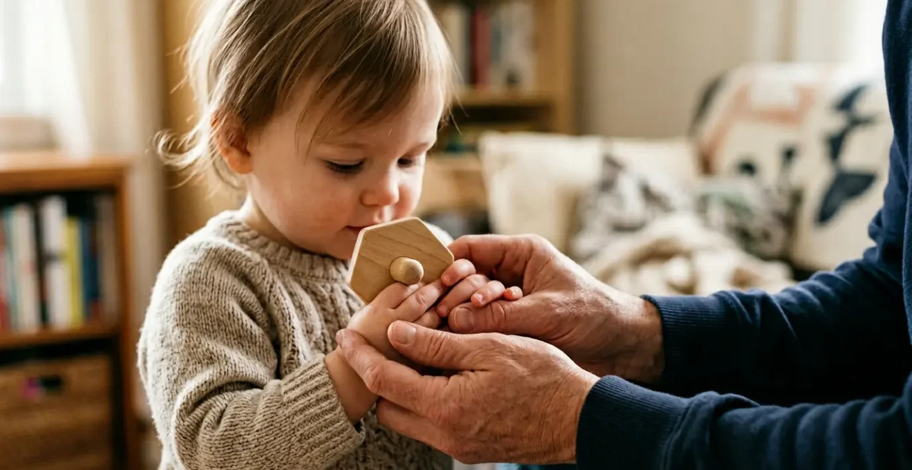 Parent gently holding toddler's hands during developmental milestone assessment