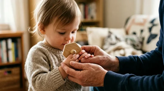 Parent gently holding toddler's hands during developmental milestone assessment