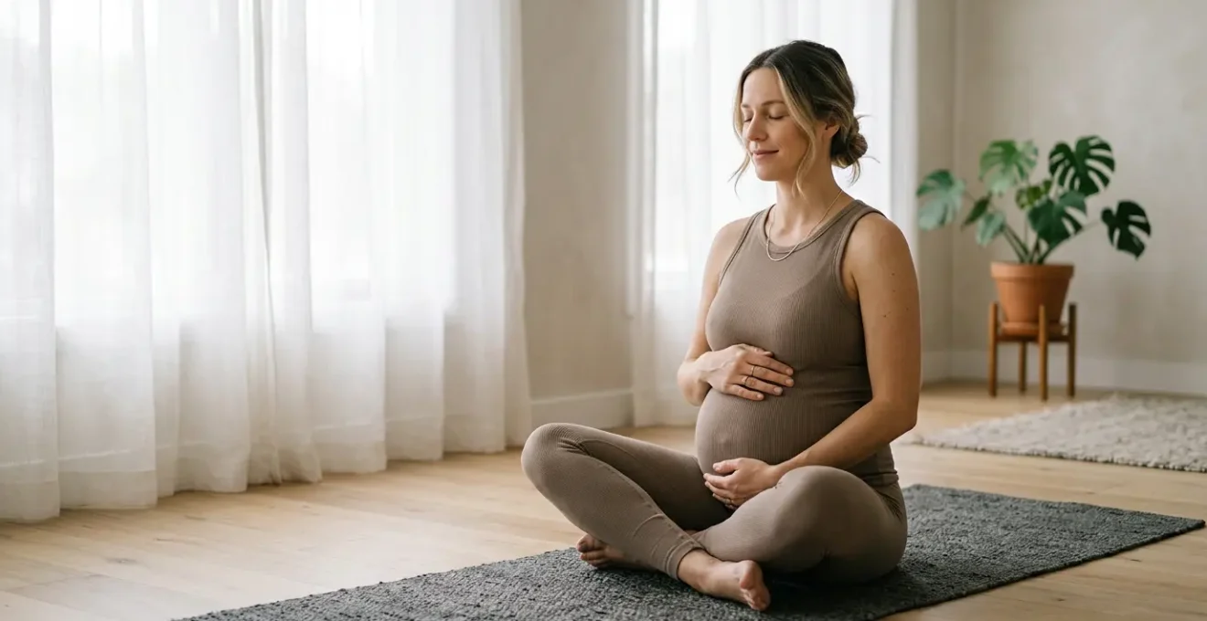 Pregnant woman practicing gentle prenatal yoga in a peaceful environment