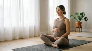 Pregnant woman practicing gentle prenatal yoga in a peaceful environment