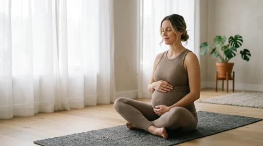 Pregnant woman practicing gentle prenatal yoga in a peaceful environment