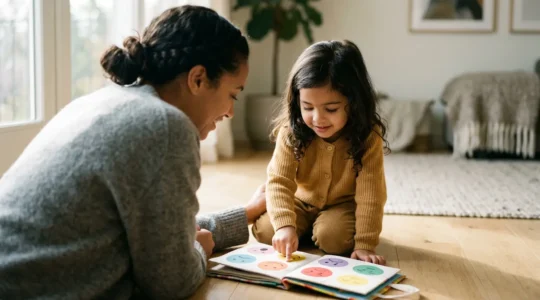 Warm moment between parent and toddler practicing emotional connection during learning time