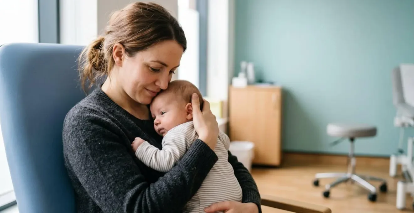 A UK parent holding their baby during a vaccination appointment in a bright NHS clinic setting