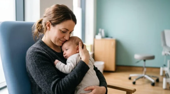 A UK parent holding their baby during a vaccination appointment in a bright NHS clinic setting