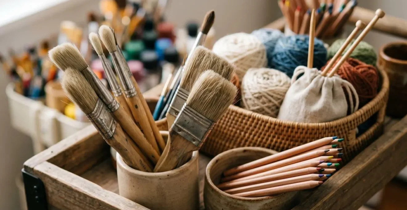 Colorful art supplies arranged on a three-tier mobile cart with paintbrushes and materials at child-friendly height
