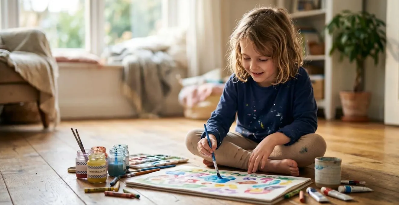 A child engaged in creative art therapy at home, surrounded by colorful art supplies and expressing emotions through painting