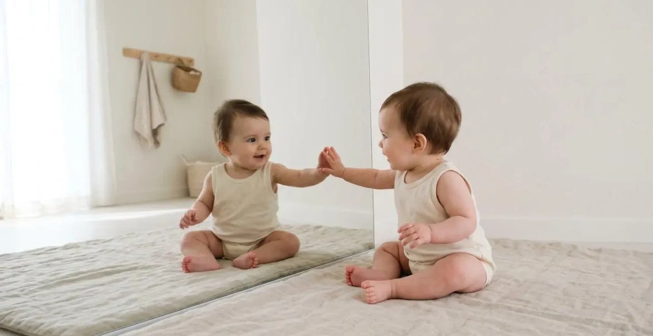 Wide shot of a baby sitting on a soft play mat facing a frameless floor mirror, reaching toward their own reflection with wonder and curiosity in natural window light
