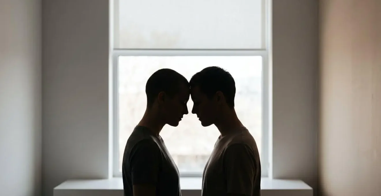 Two silhouettes in profile, representing a couple pausing for a thoughtful decision.