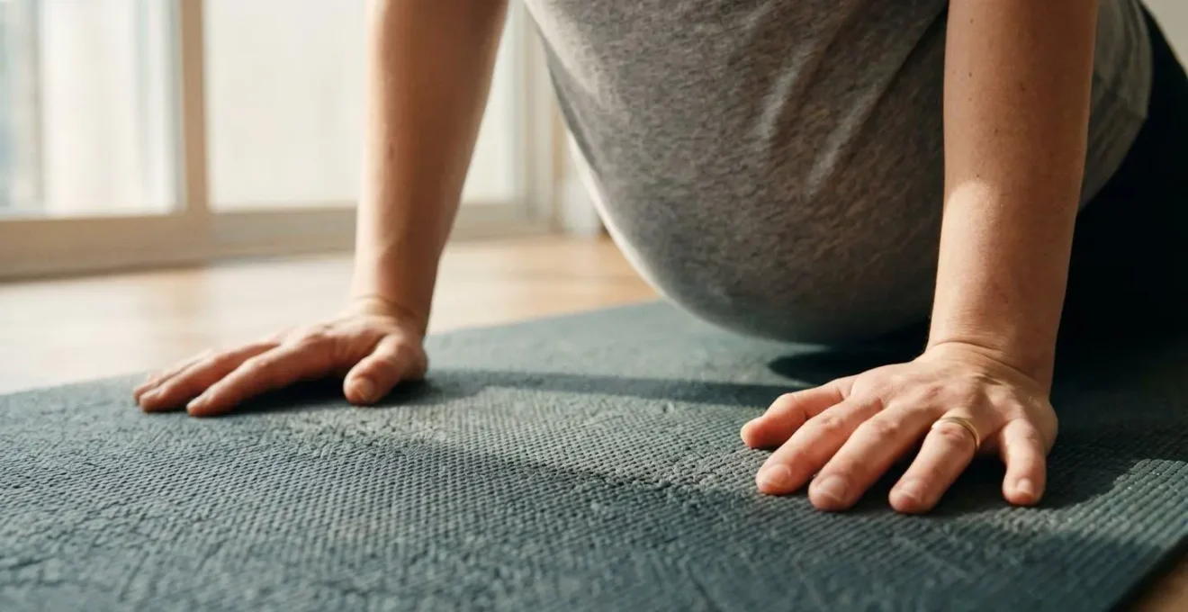 Close-up view of pregnant woman's torso performing cat-cow stretch on hands and knees