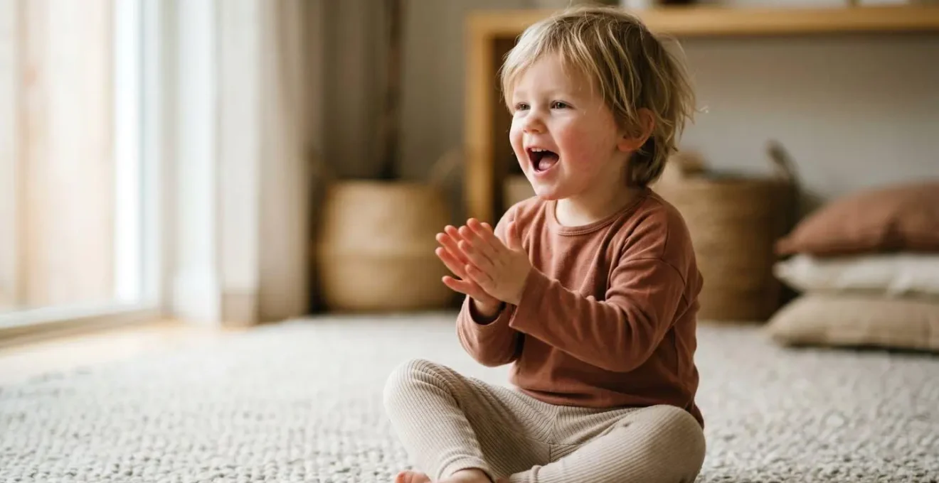 Preschool child engaged in embodied rhyming activity with natural hand movements and joyful expression