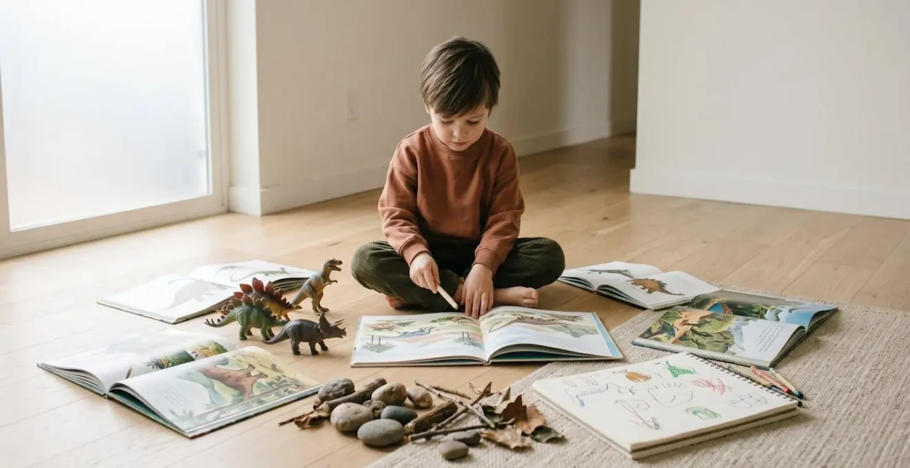 Child surrounded by books, toy dinosaurs, and natural materials exploring a passionate interest