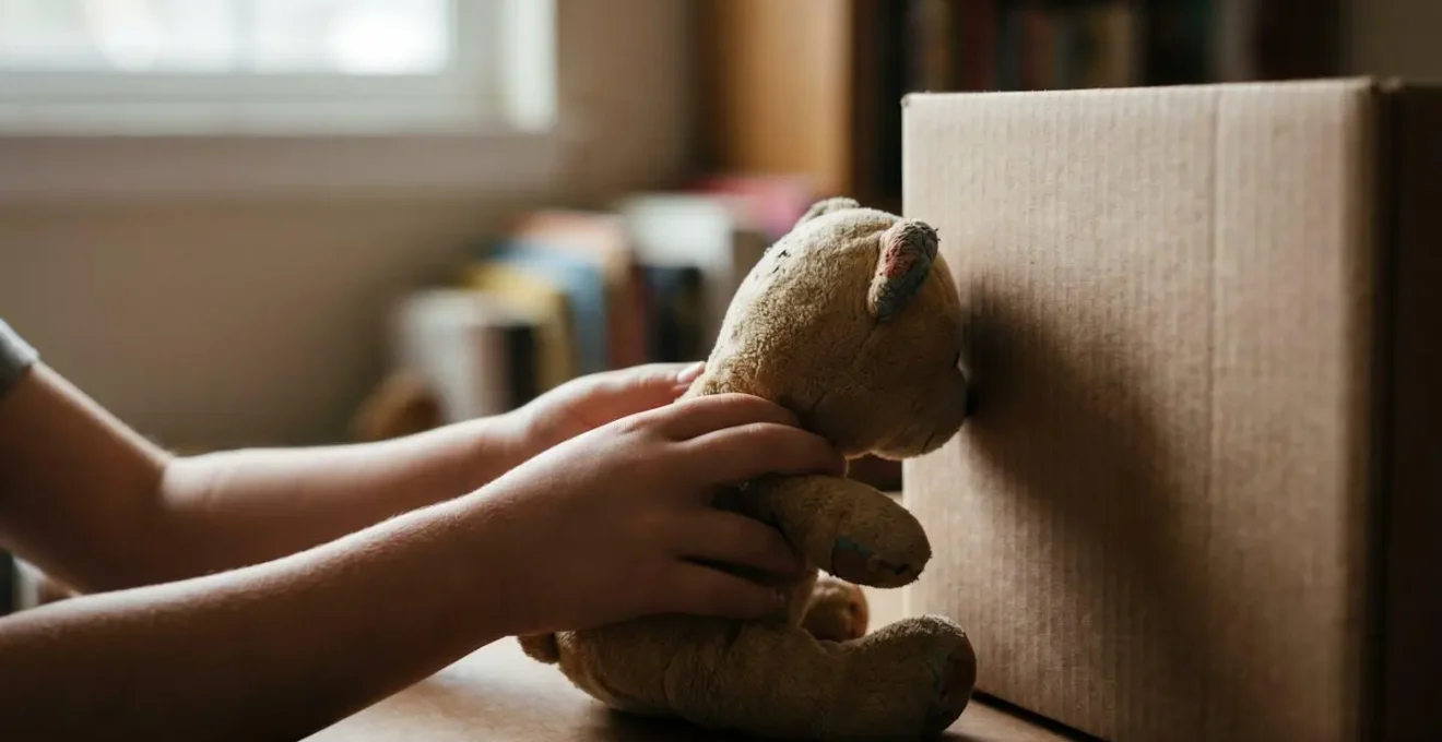 Young child carefully placing a beloved toy into a donation box with a thoughtful expression