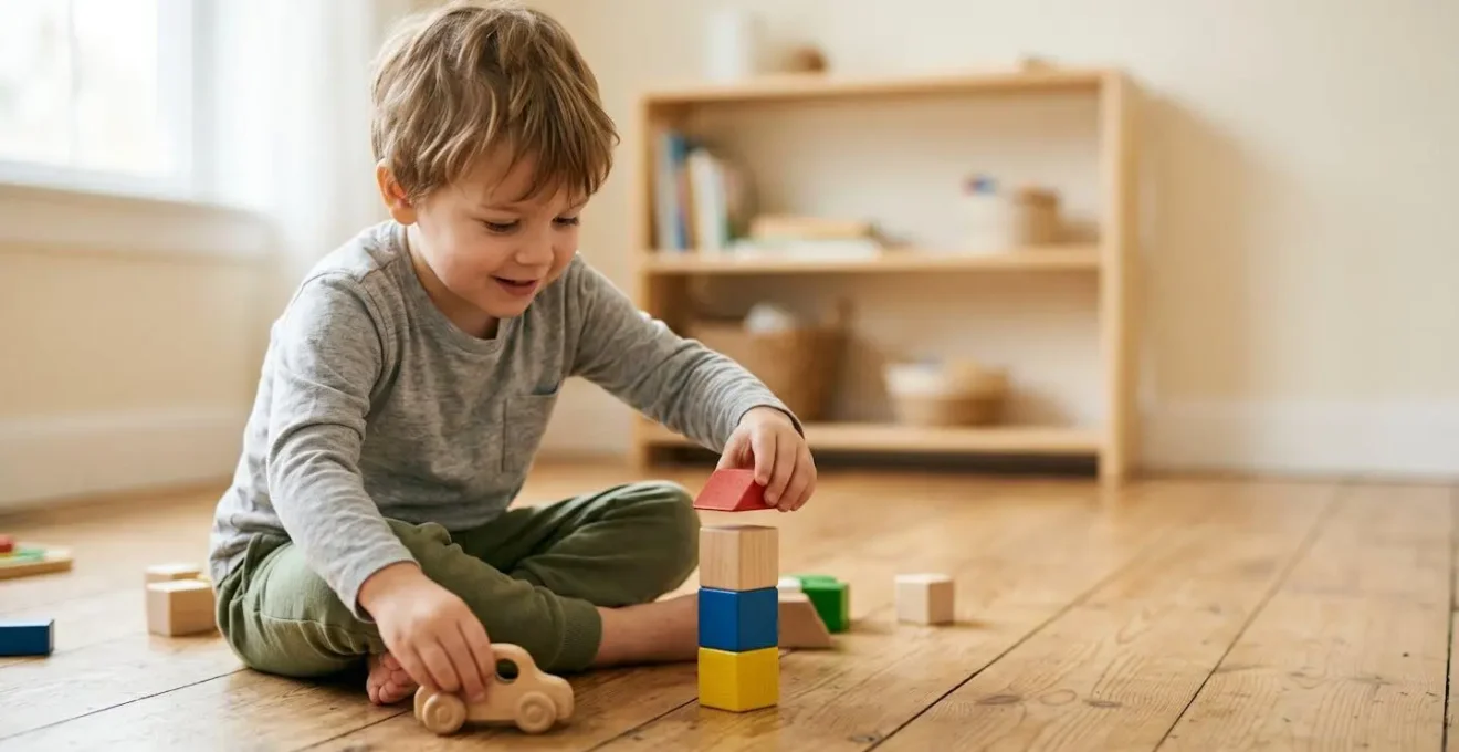 A young child deeply focused on imaginative play with a small selection of simple wooden toys in a calm, uncluttered environment