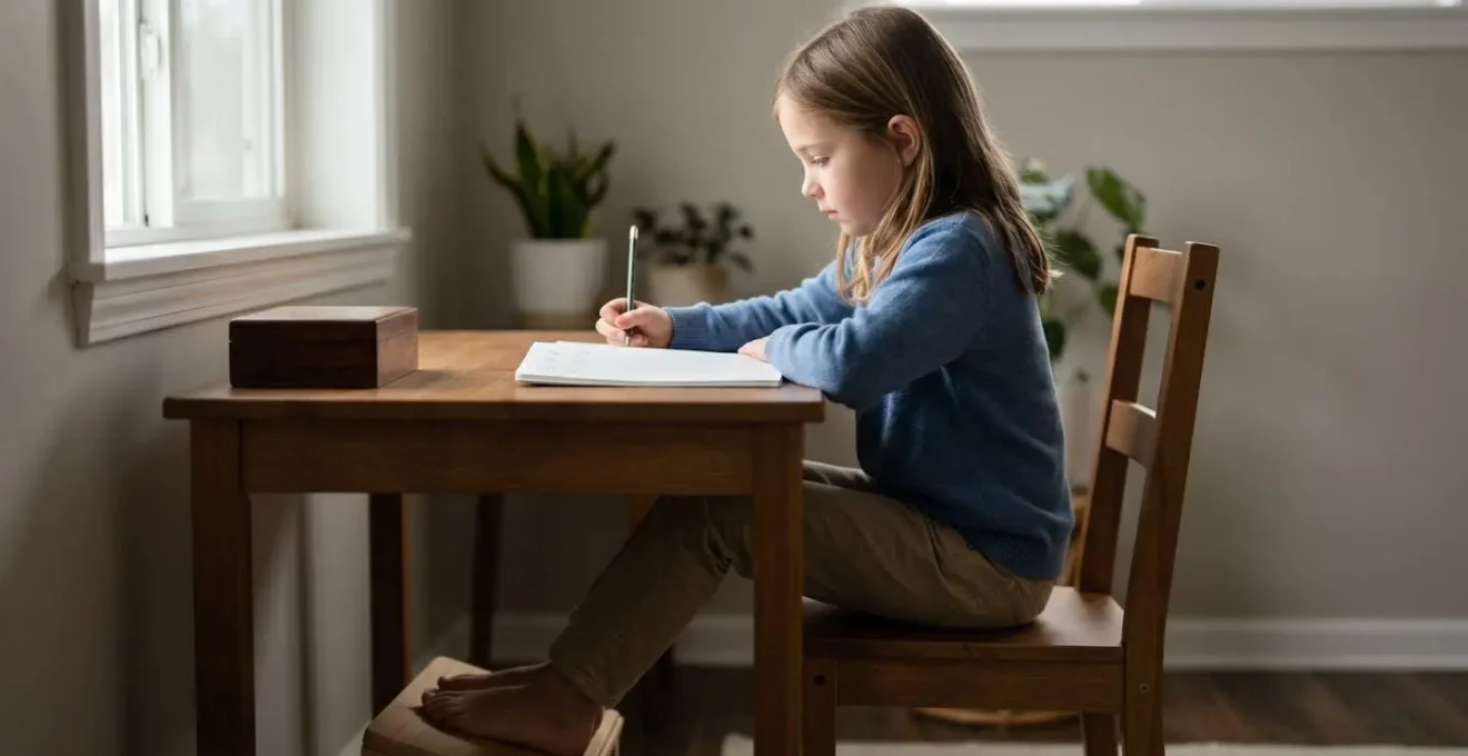 Close-up view demonstrating proper ergonomic sitting posture for children with 90-degree angles at hips, knees, and ankles