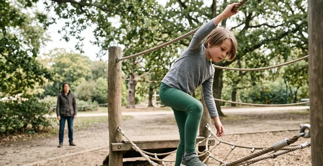 Child engaged in a challenging physical activity showing concentration and determination without parental intervention
