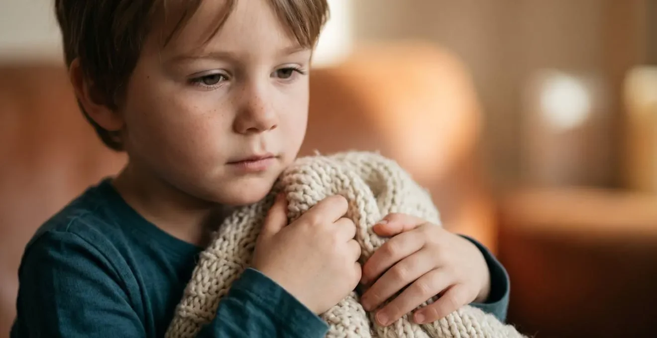 Close-up of child's expressive face and hands holding soft sensory comfort object