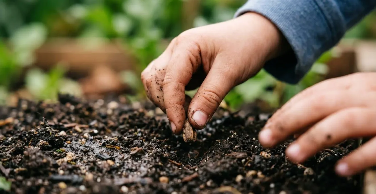 Close-up of a child's hands working in soil, planting seeds in their personal garden patch