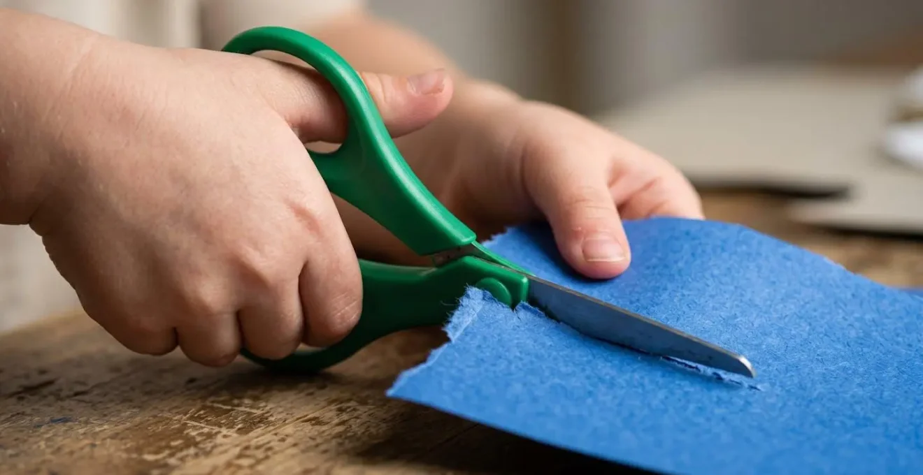 Close-up of child's hands carefully holding safety scissors cutting colorful paper