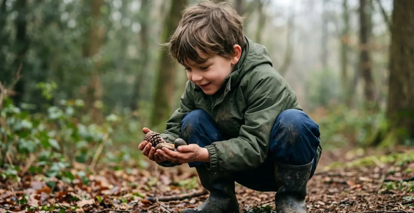 Young learner engaged in outdoor forest exploration during natural weather conditions