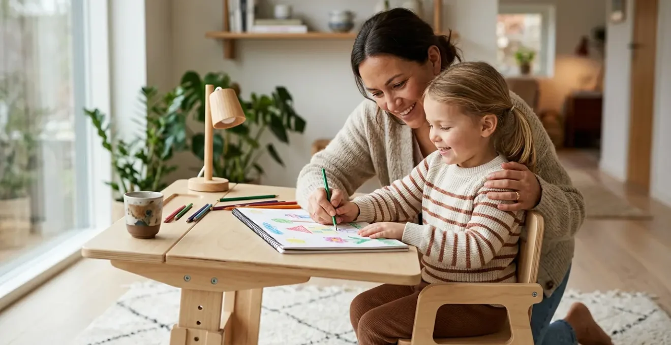 Parent and child together at an ergonomically designed study space showing safe, adjustable furniture in a warm family environment