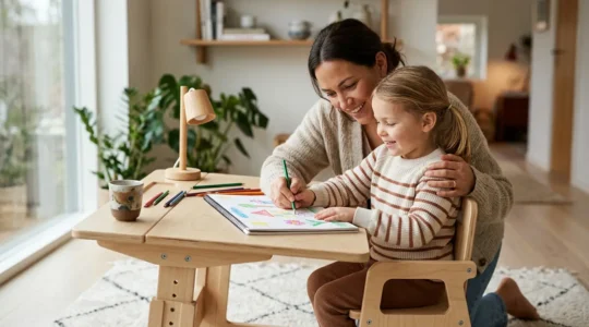 Parent and child together at an ergonomically designed study space showing safe, adjustable furniture in a warm family environment