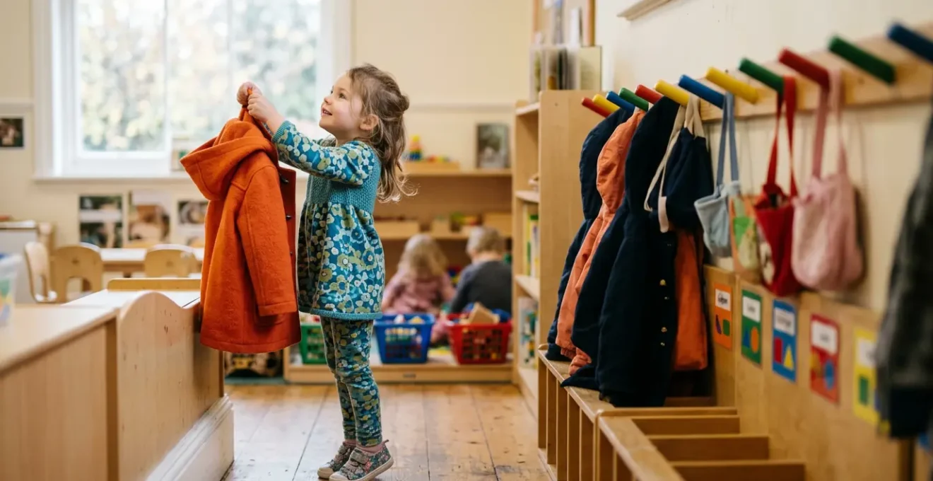 Young child confidently putting on backpack in welcoming classroom setting