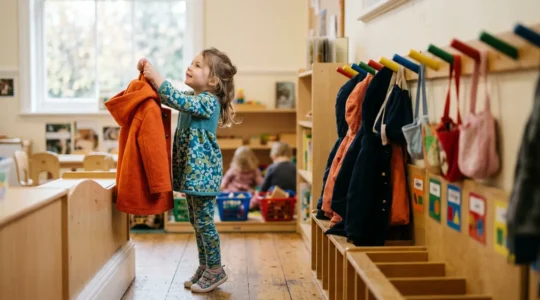Young child confidently putting on backpack in welcoming classroom setting