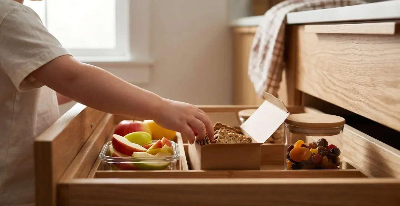 Young child choosing fruit snack from organized low kitchen drawer with healthy options