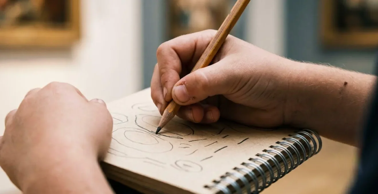 Close-up of child's hands actively drawing in sketchbook inspired by museum artwork
