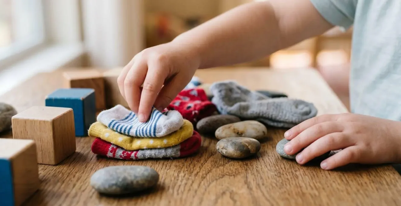 Young child's hands sorting colorful socks and household items by pattern and color