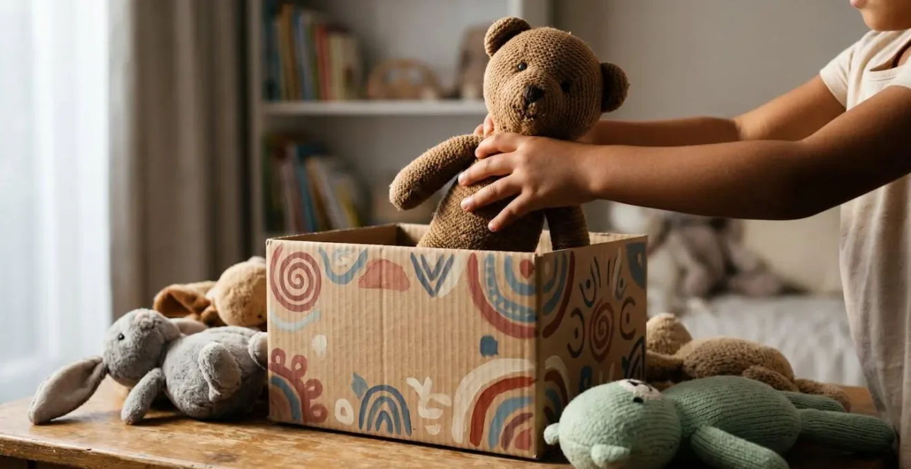 A child thoughtfully selecting toys to donate, placing them in a decorated giving box, teaching letting go and generosity